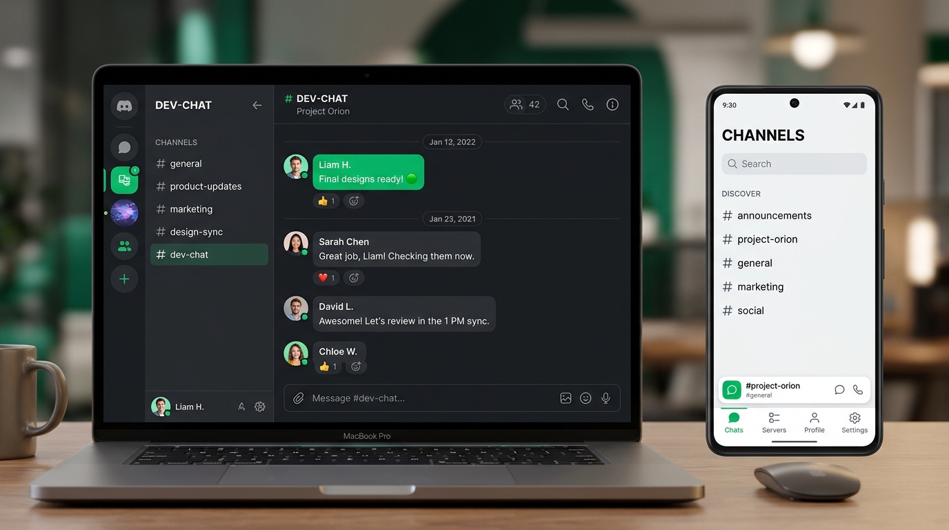 FluxChat real-time messaging application on laptop and smartphone